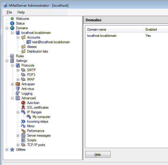 hMailServer Administration console - setup up for localhost.localdomain